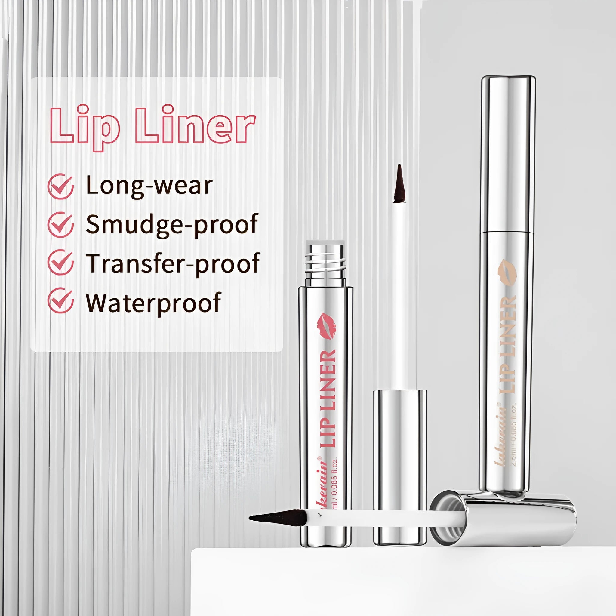Matte finish pointed lip liner pencil shown in a tear and pull design on a white background.