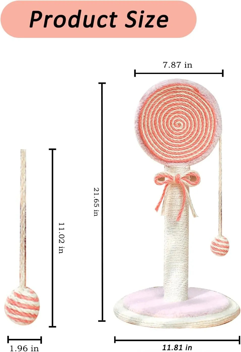 Blue cat scratching post with sisal rope and a hanging yellow ball on a sturdy square base.