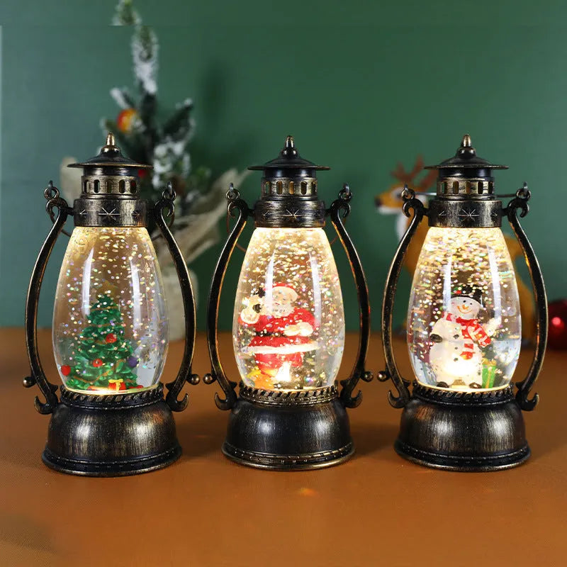 Plastic crystal ball LED oil lamp Christmas ornament with snowman or elderly design on desktop.