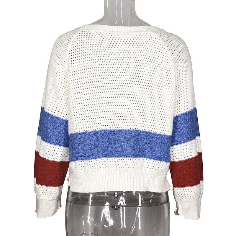 Women's white striped hollow-out pullover with round neck and long sleeves
