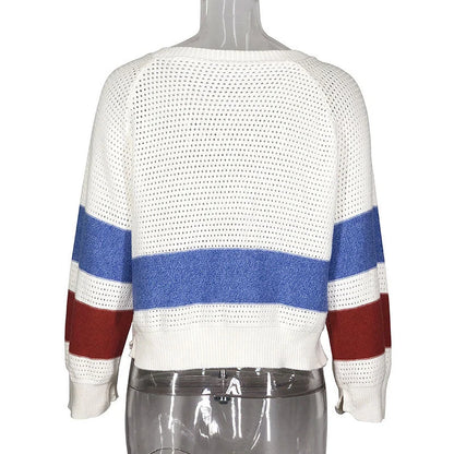 Women's white striped hollow-out pullover with round neck and long sleeves