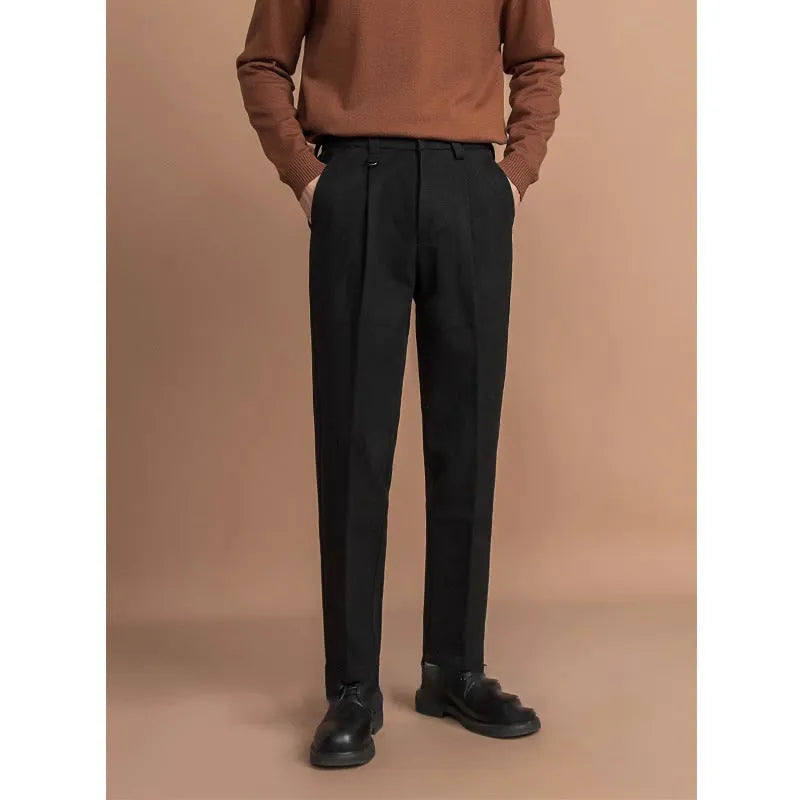 Men's straight leg trousers in polyester fabric available in four colours for winter business casual wear