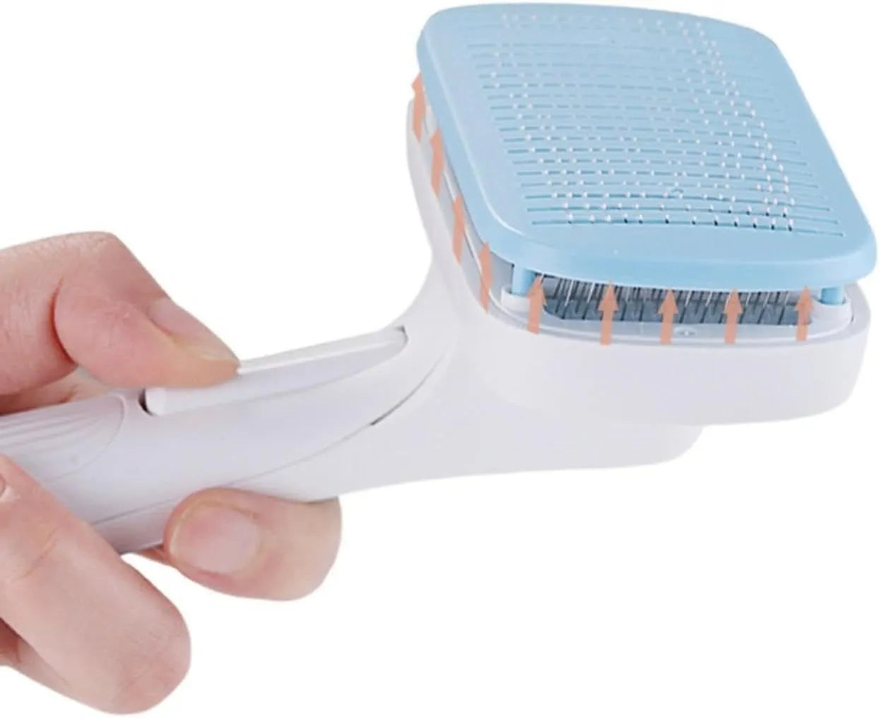Blue automatic hair removal comb for dogs and cats on a white background