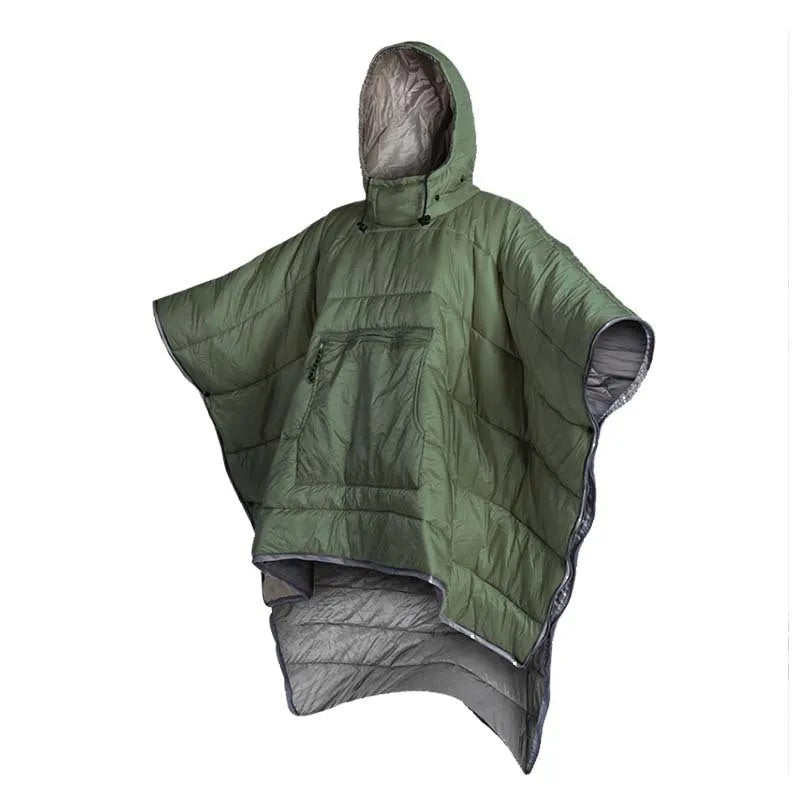 Army Green outdoor cloak sleeping bag worn as garment showing 200x140cm dimensions