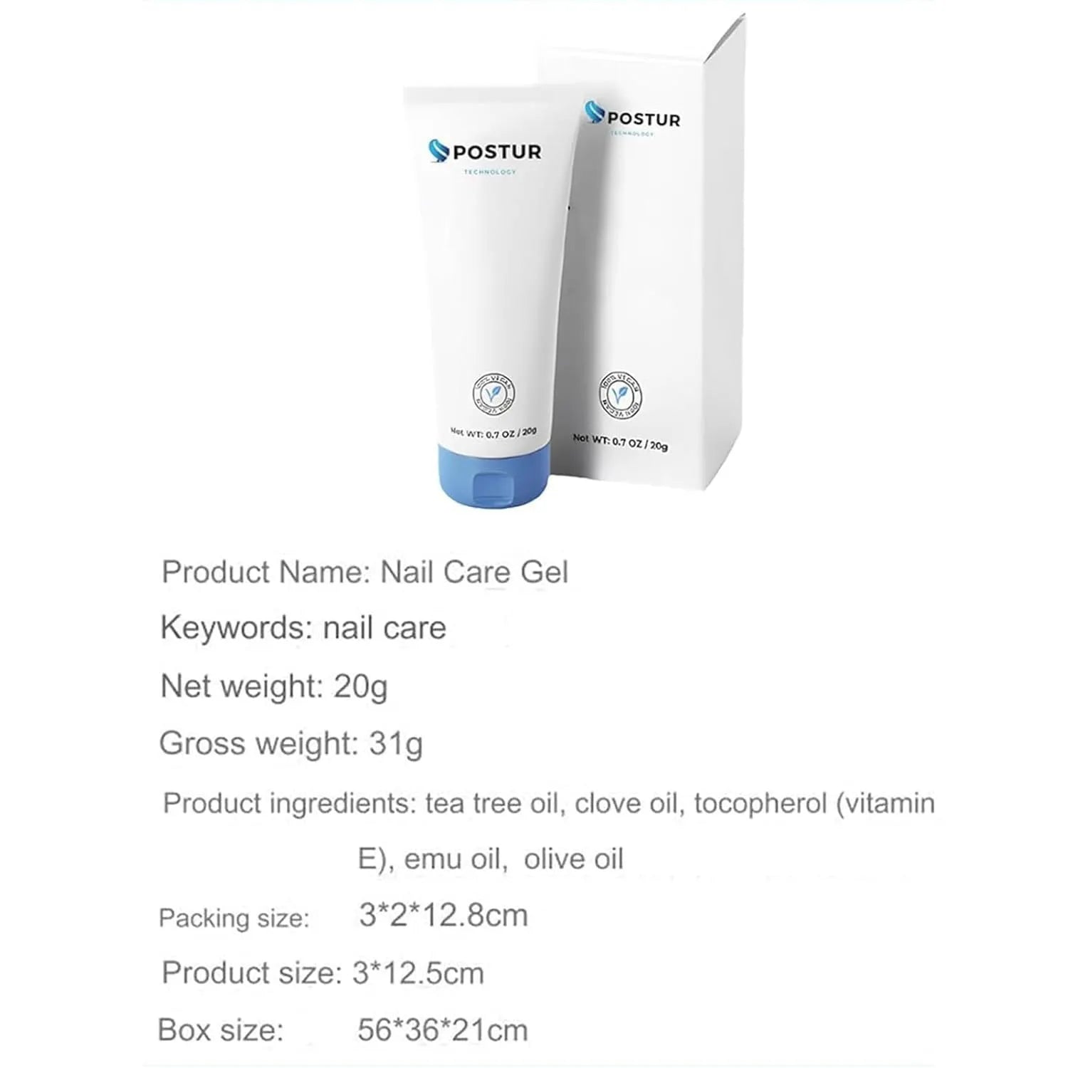 A 20g bottle of nail gel polish with an applicator, shown next to its compact container.