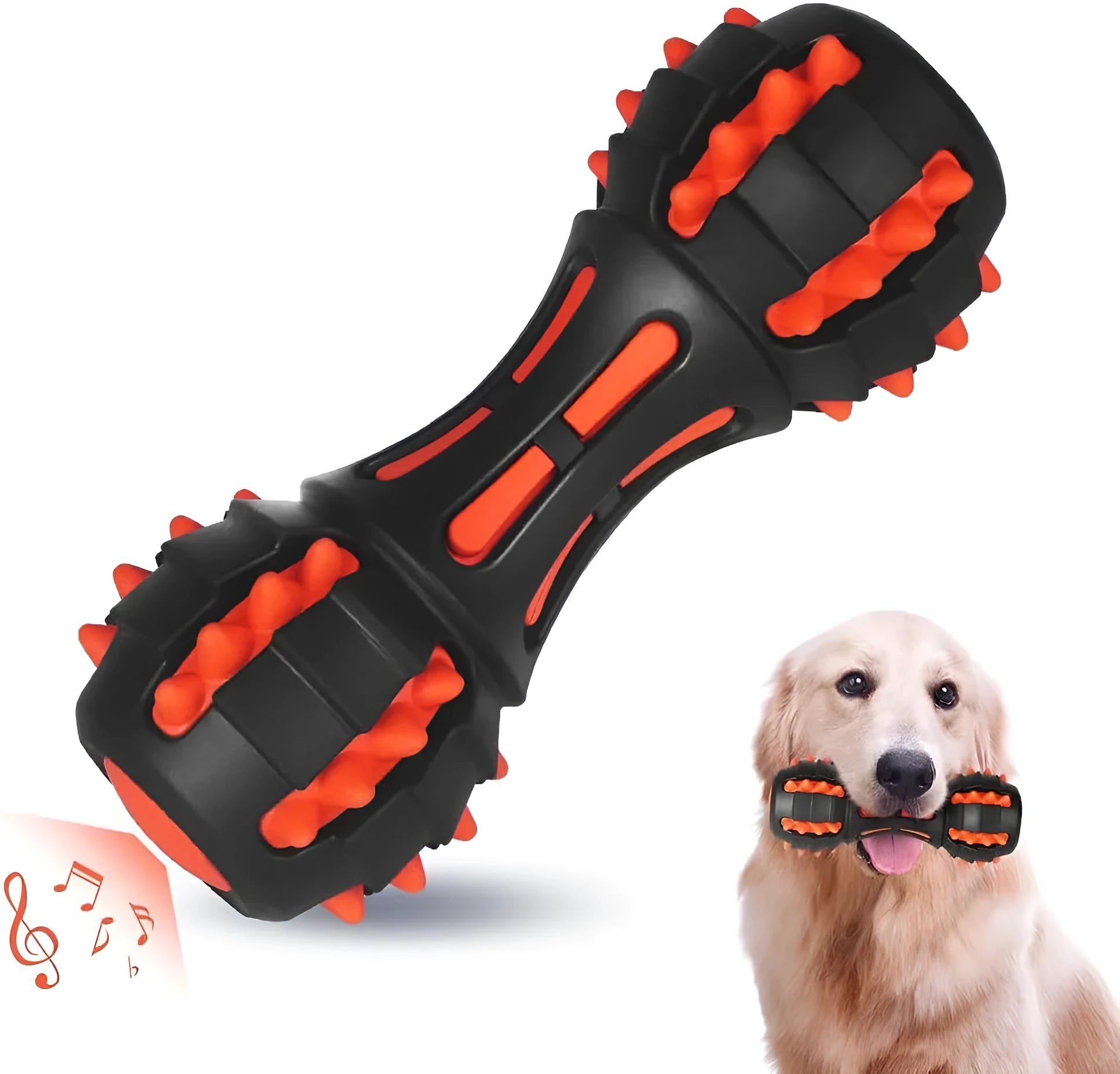 Red dumbbell-shaped durable rubber dog toy with squeaker for aggressive chewers.