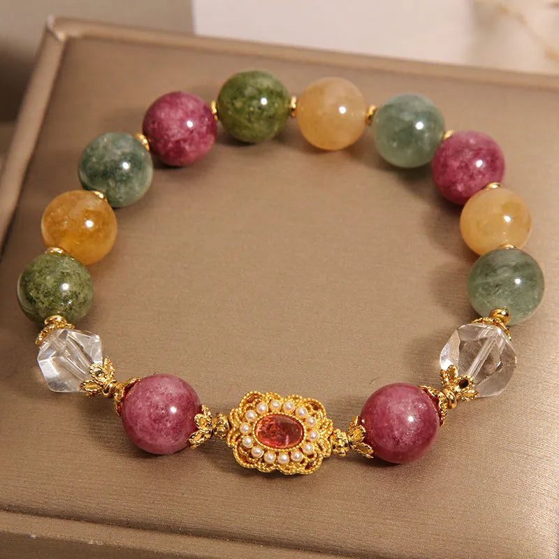 Jade colour tourmaline bead bracelet for women with alloy setting and rhinestone details