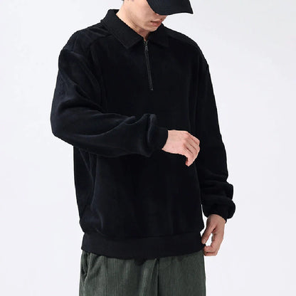 Men's lapel half-zip fleece sweatshirt in black, haze green, and apricot yellow
