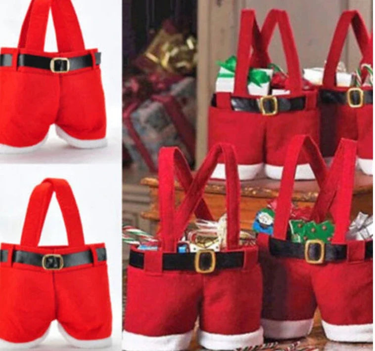 Festive wool Santa pants-style Christmas gift bag in red, perfect for holding holiday treats and small gifts