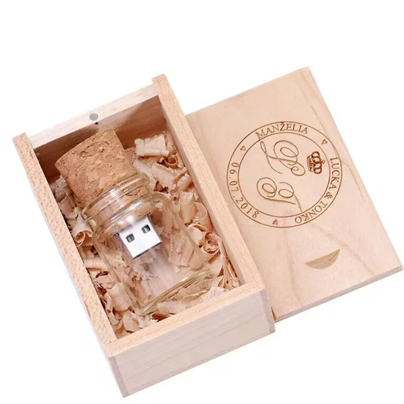 Transparent plastic bottle-shaped USB flash drive with a wooden ship model inside.