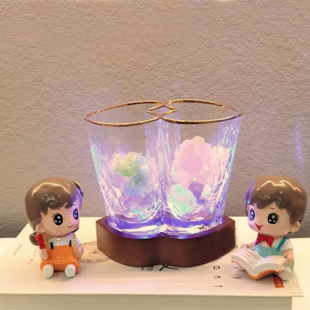 Crystal glass and beech wood aromatherapy night lamp 11.5cm high transparent USB powered home desktop decoration