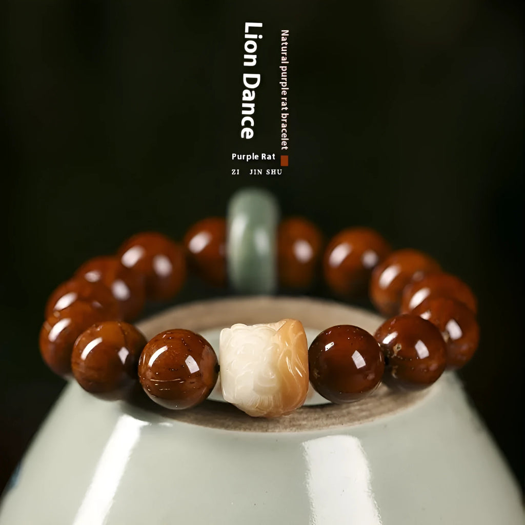 Ivory nut lion style round bead bracelet with 13mm natural seed beads in hand-woven construction