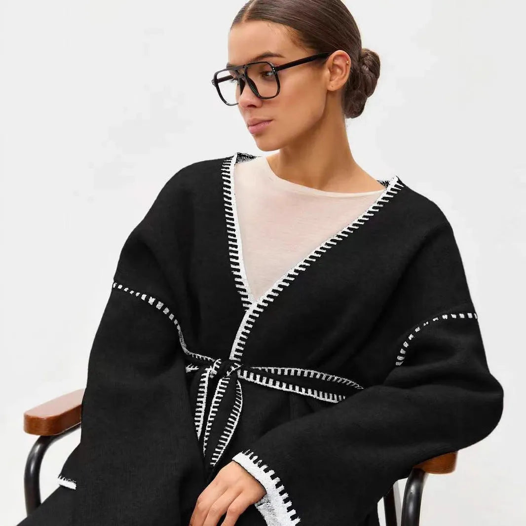 Loose lace-up knitted cardigan sweater coat in thick imitation cashmere fabric