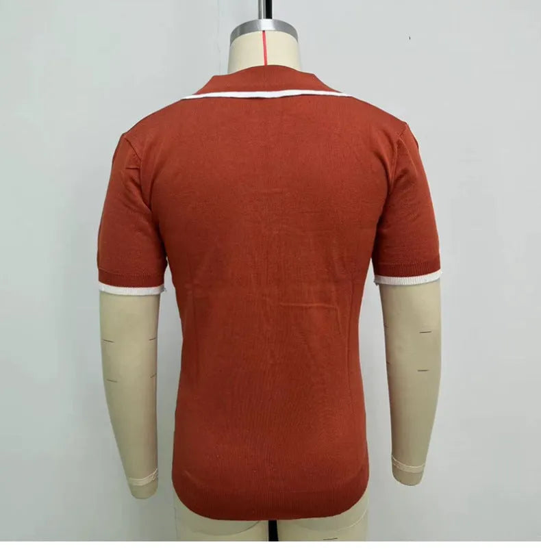 Men's summer red lapel knitwear top with short sleeves and flocking detail in viscose