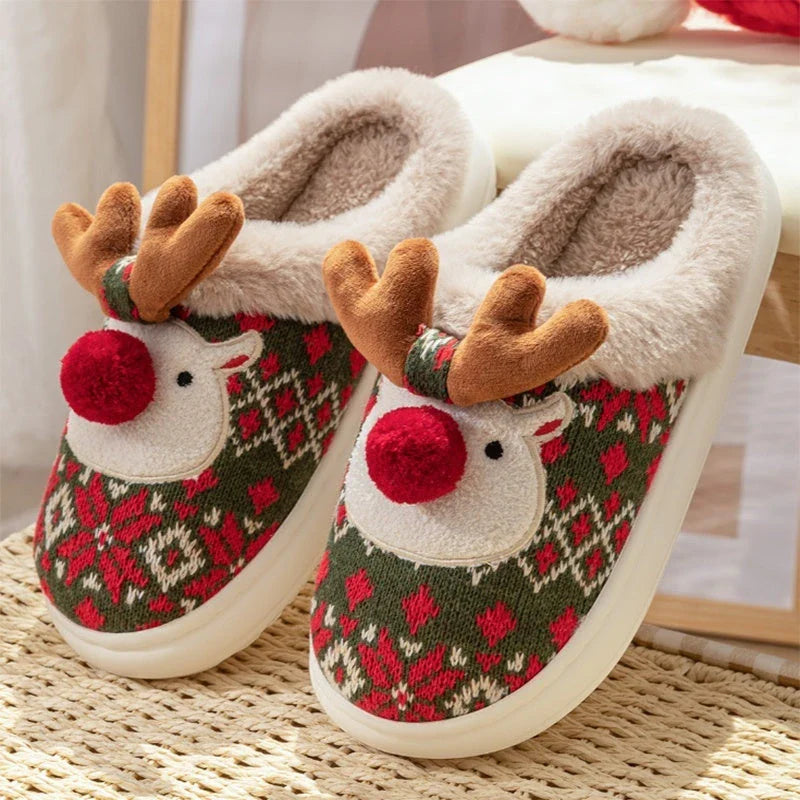 Cozy Christmas elk-themed plush slippers with non-slip soles for comfortable indoor and outdoor wear