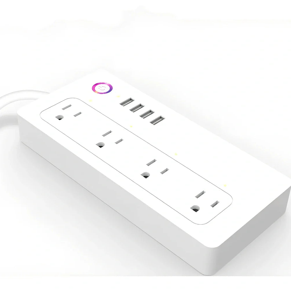 UK three-pin WIFI smart plug adapter with four outlets and USB ports for remote control via app or Alexa
