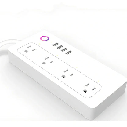 UK three-pin WIFI smart plug adapter with four outlets and USB ports for remote control via app or Alexa