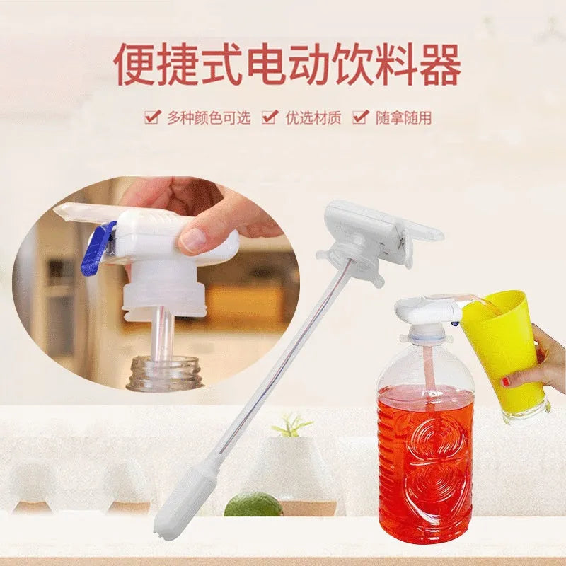 Electric beverage pumping device with a long straw and a blue pressure handle on a colour box.