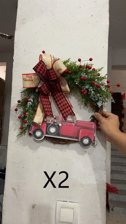 Wooden red truck Christmas garland with pumpkin accents for festive holiday decor