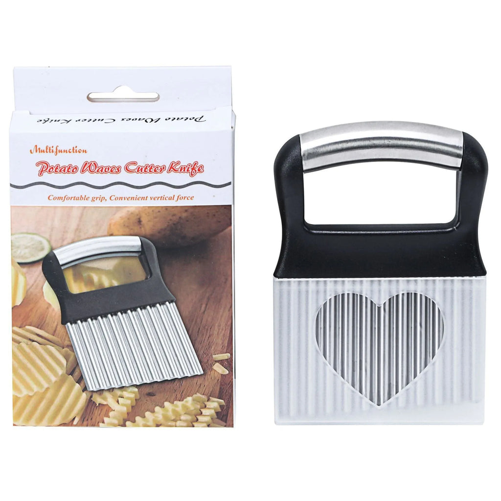 Stainless steel potato wave cutter knife on a kitchen counter, shown in black and white colour options.