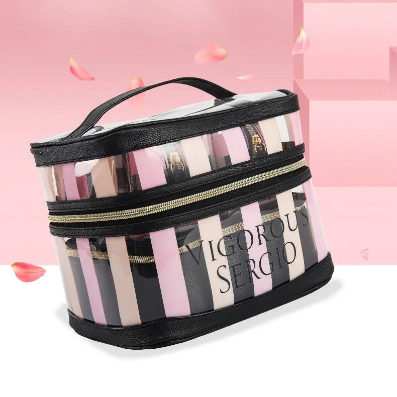 Pink bold stripes floral pattern synthetic leather makeup bag with nylon lining