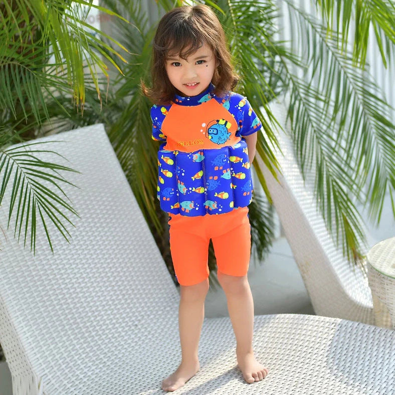 Red children's buoyancy swimsuit with dinosaur cartoon pattern for toddlers aged 1-7 years