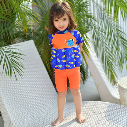 Red children's buoyancy swimsuit with dinosaur cartoon pattern for toddlers aged 1-7 years