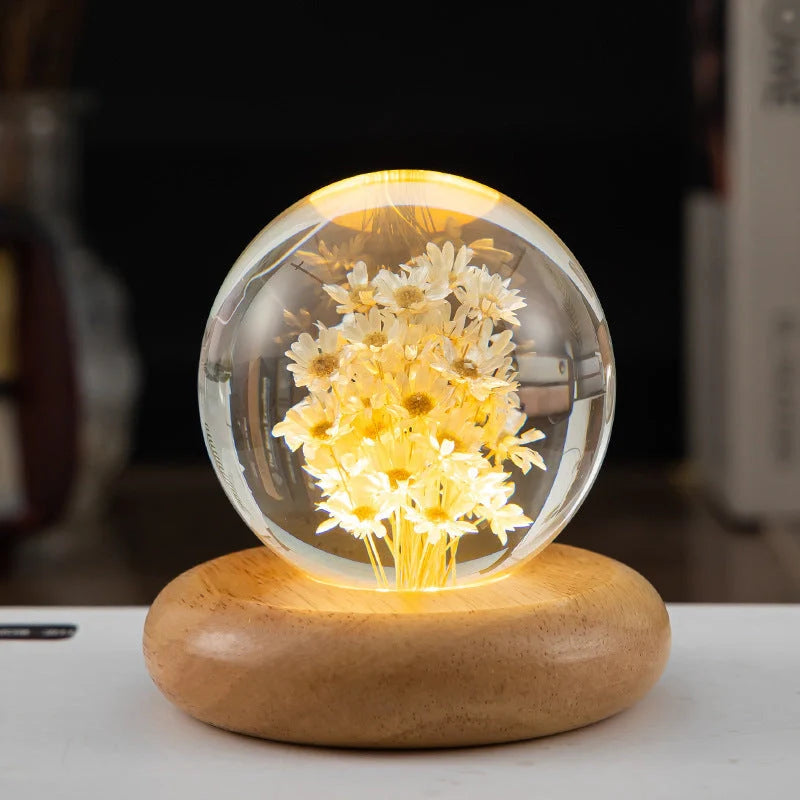 LED Night Light Flower Crystal Ball with wooden base, perfect for children's bedrooms
