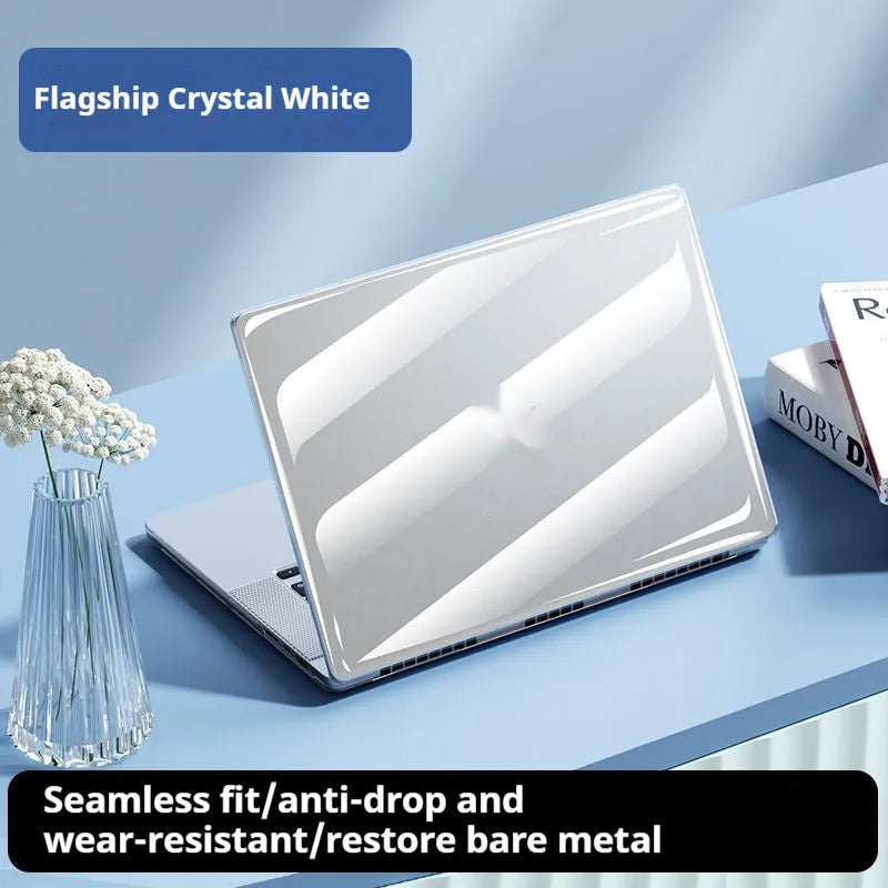 Clear plastic protective shell case for a MacBook laptop in transparent and transparent black.