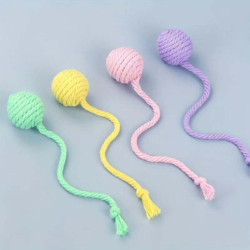 Coloured cat toy ball with rope handle and internal bell in 6cm or 3cm sizes