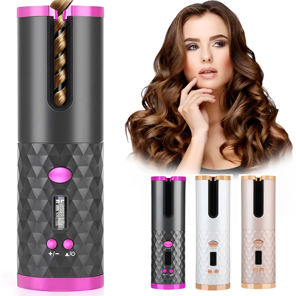 Cordless automatic hair curling iron with LCD display in pink, black, white, or pink-grey colour.