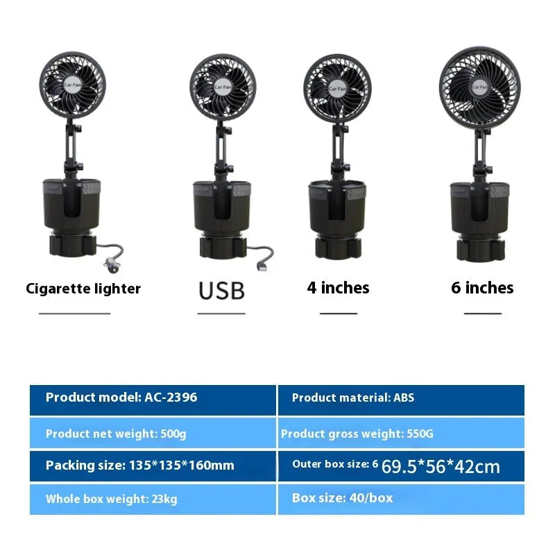 Car water cup holder fan showing 4-inch and 6-inch size options for 12V, 24V, and USB power
