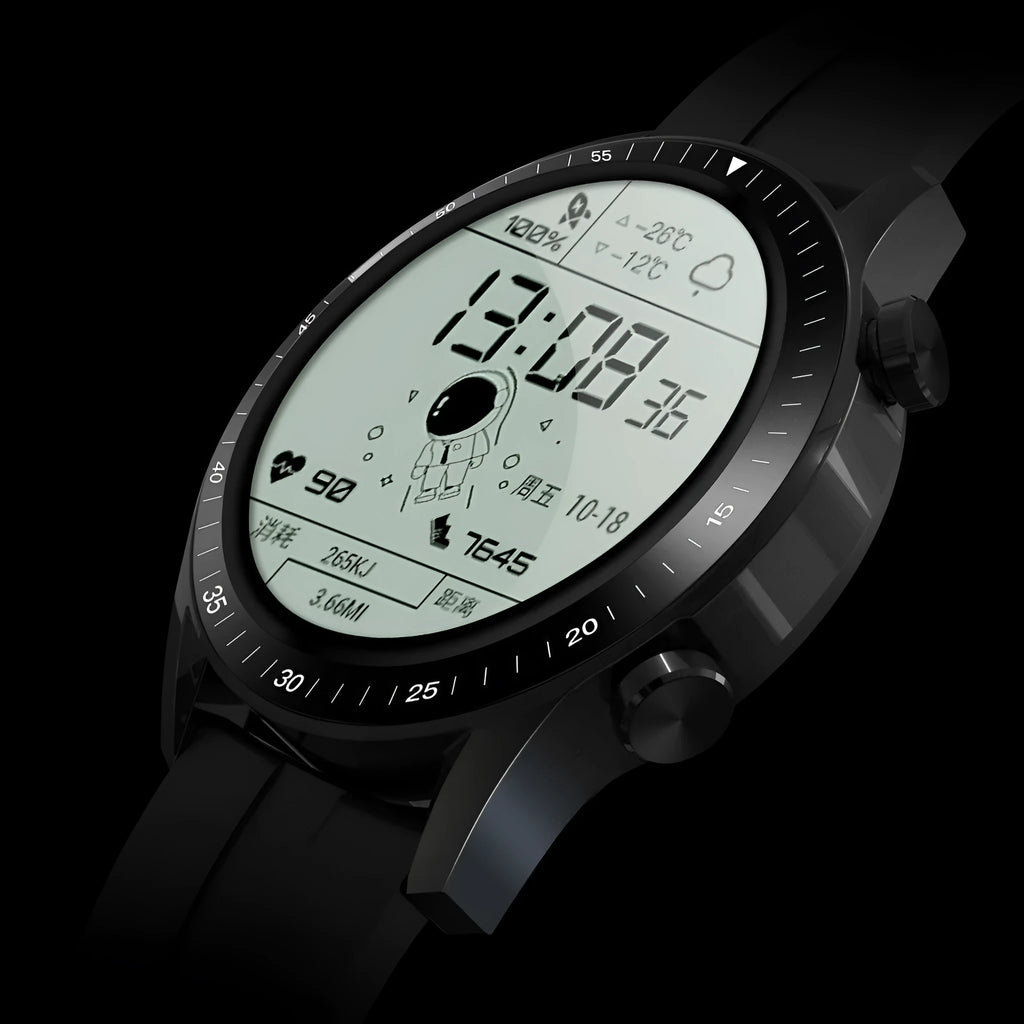 Round 46mm aluminium alloy smartwatch with touchscreen displaying heart rate and call functions