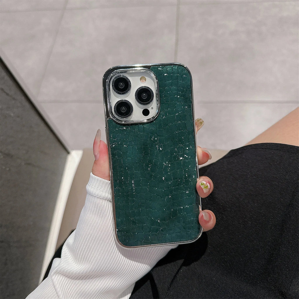 Advanced anti-fall phone case for iPhone 11-16 series, glossy crocodile pattern imitation leather, black colour