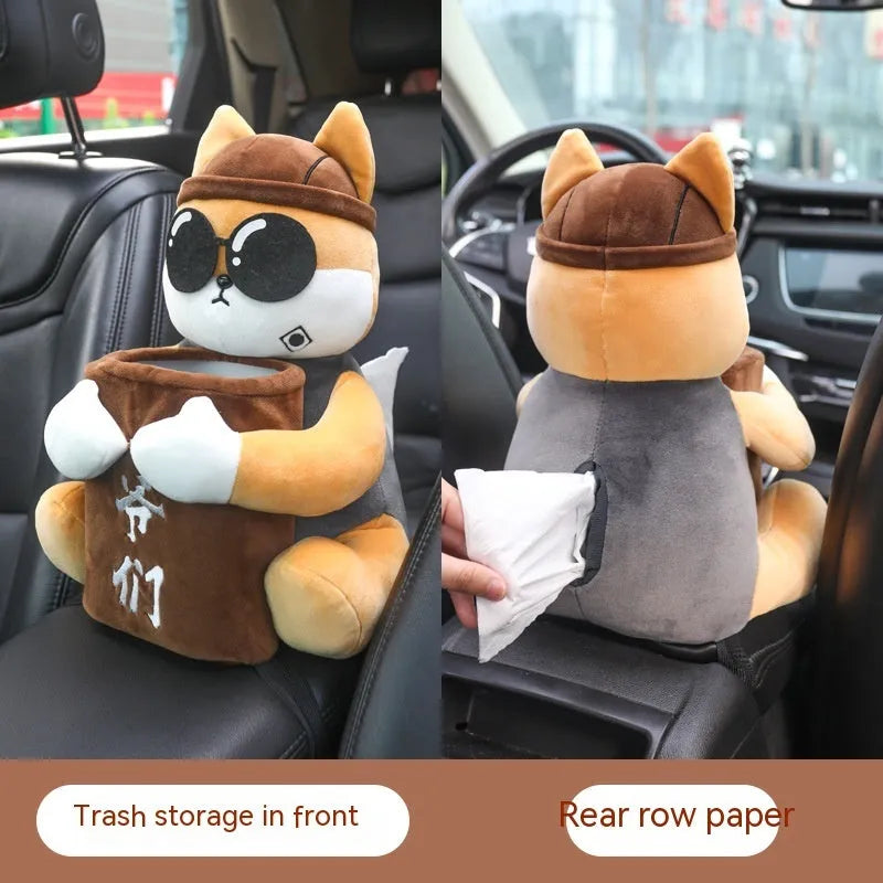 Plush hanging car tissue box organiser for the centre armrest in a choice of designs