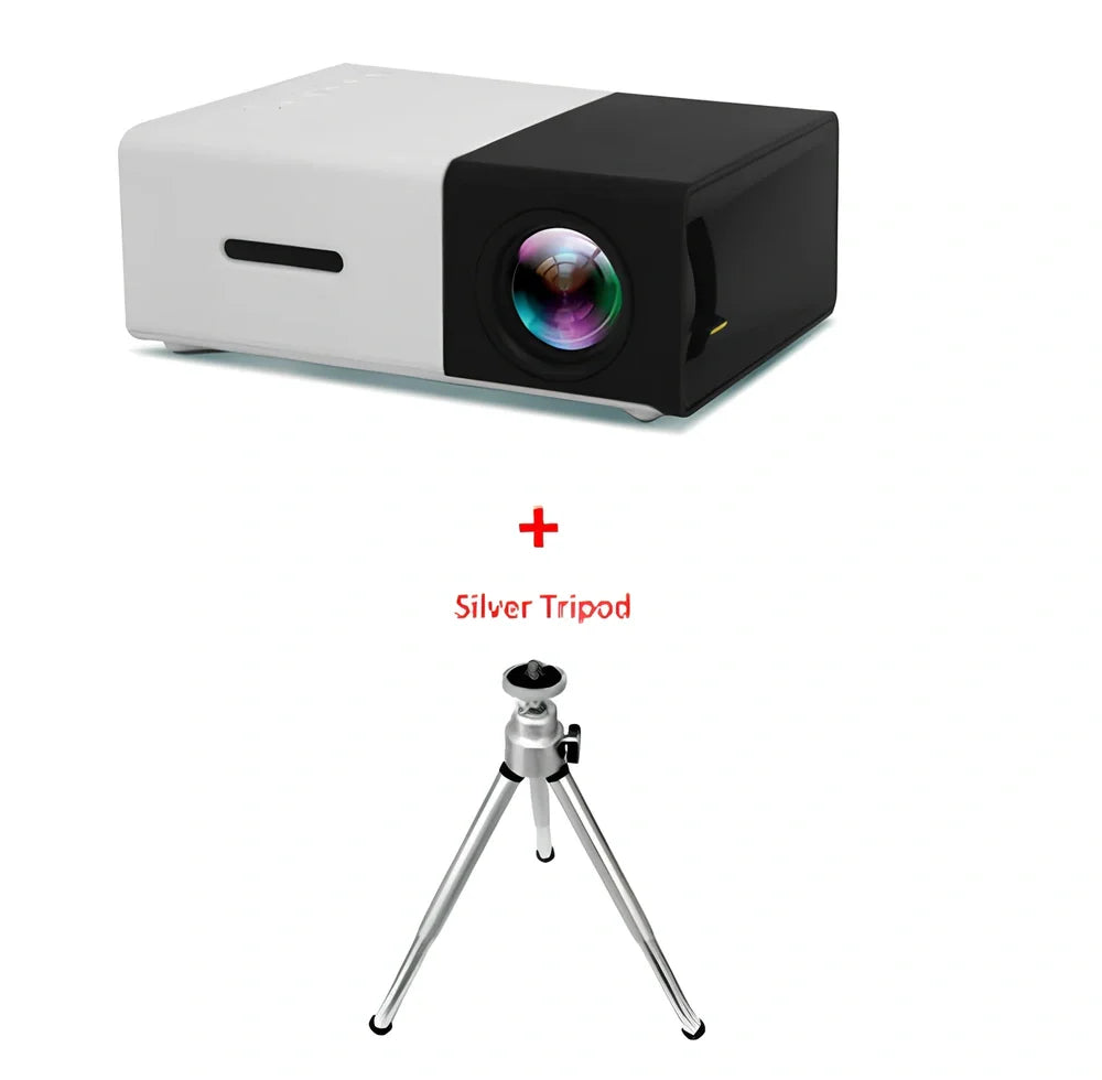 Yellow 1080P LED mini projector with HDMI ports, projecting 80-inch image from 1.2m distance