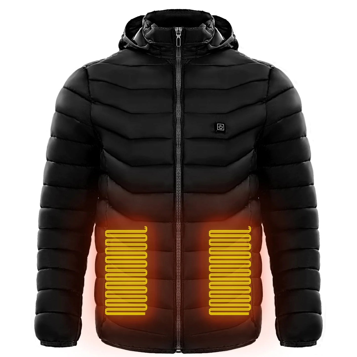 Men's electric heated puffer jacket with insulated hood for skiing