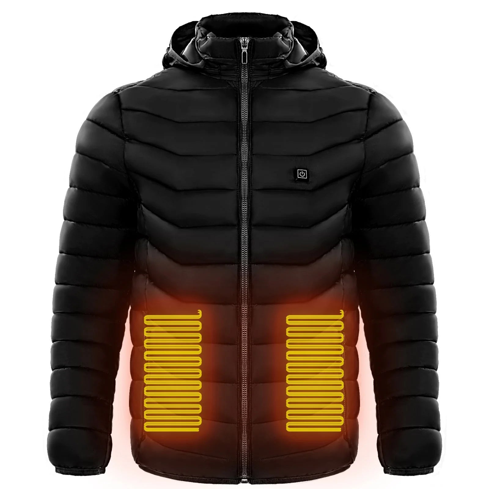 Men's electric heated puffer jacket with insulated hood for skiing