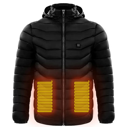 Men's electric heated puffer jacket with insulated hood for skiing