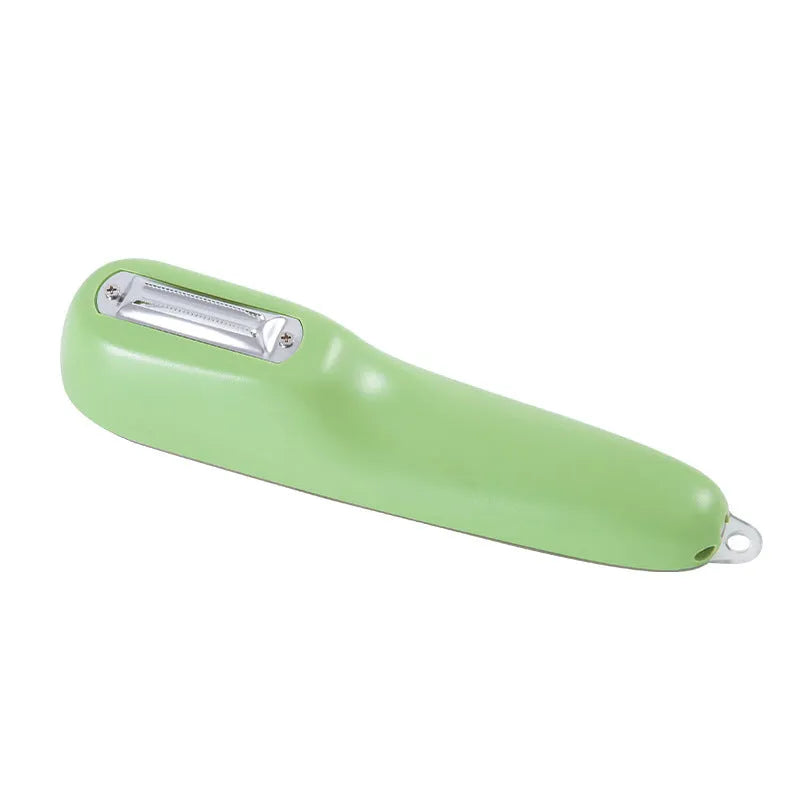 Dark green peeling knife with a storage tube over the blade and a hole in the end of the handle.
