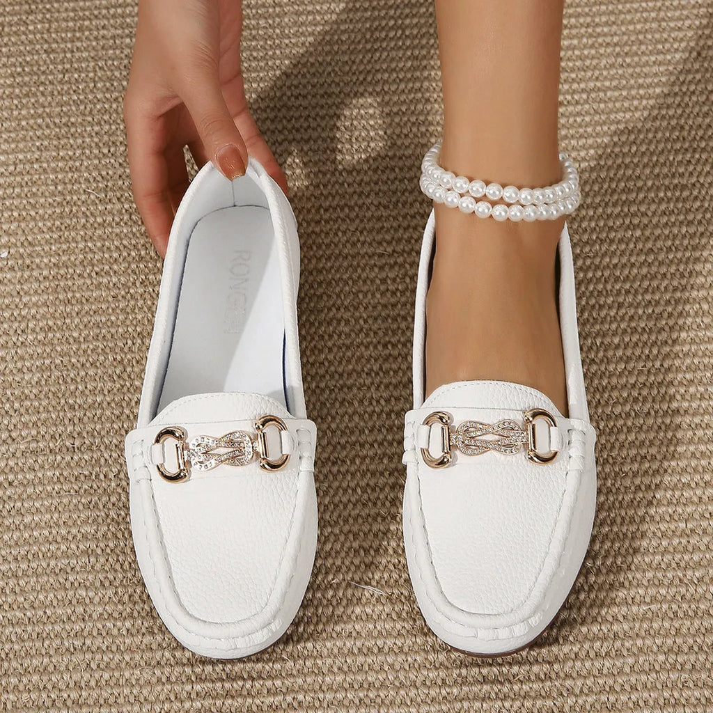Gommino women's Korean style classic round head low heel pumps, rhinestone decoration, black colour