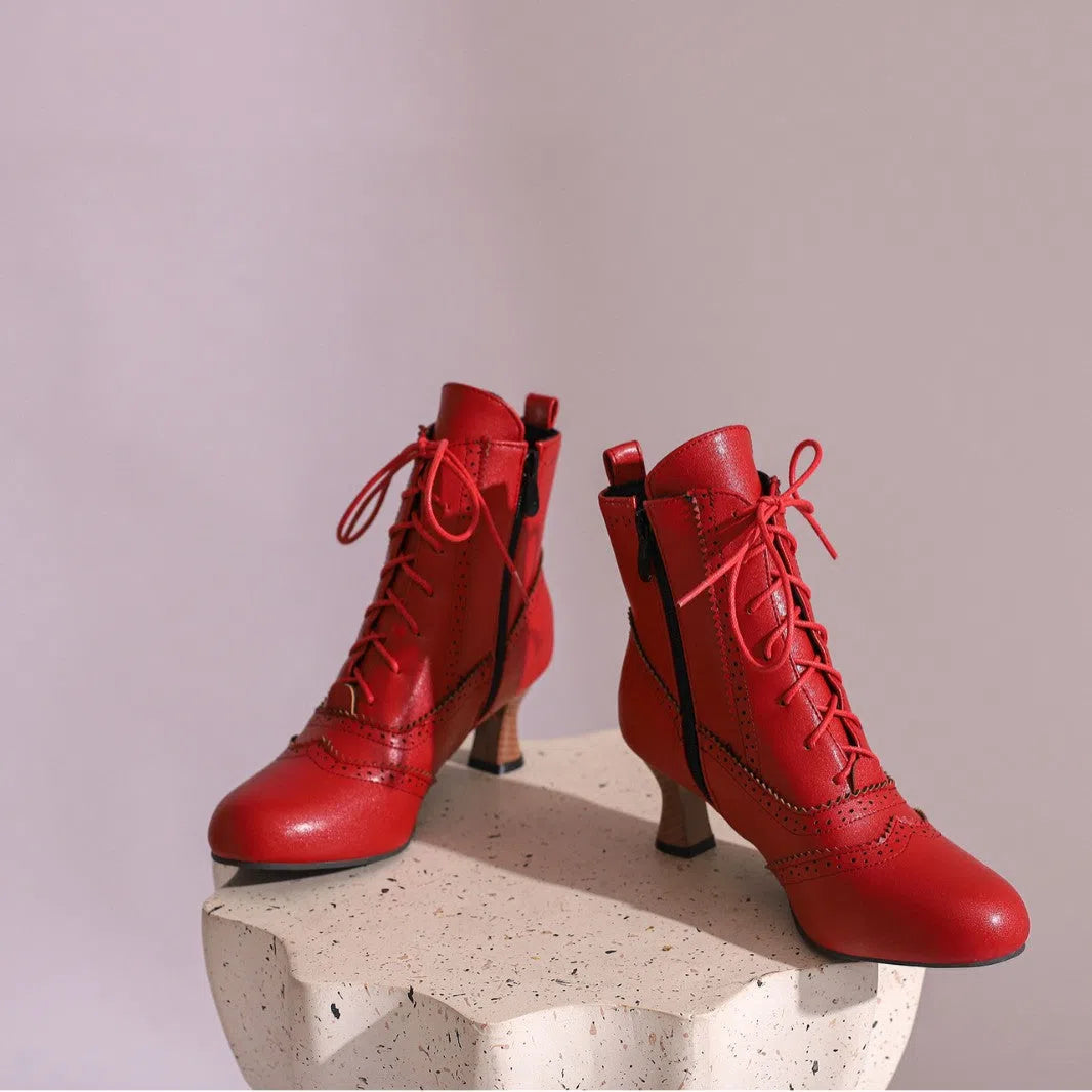 Dopamine Girl short boots mid heel stiletto round toe synthetic PU black white red dark brown dark green light purple