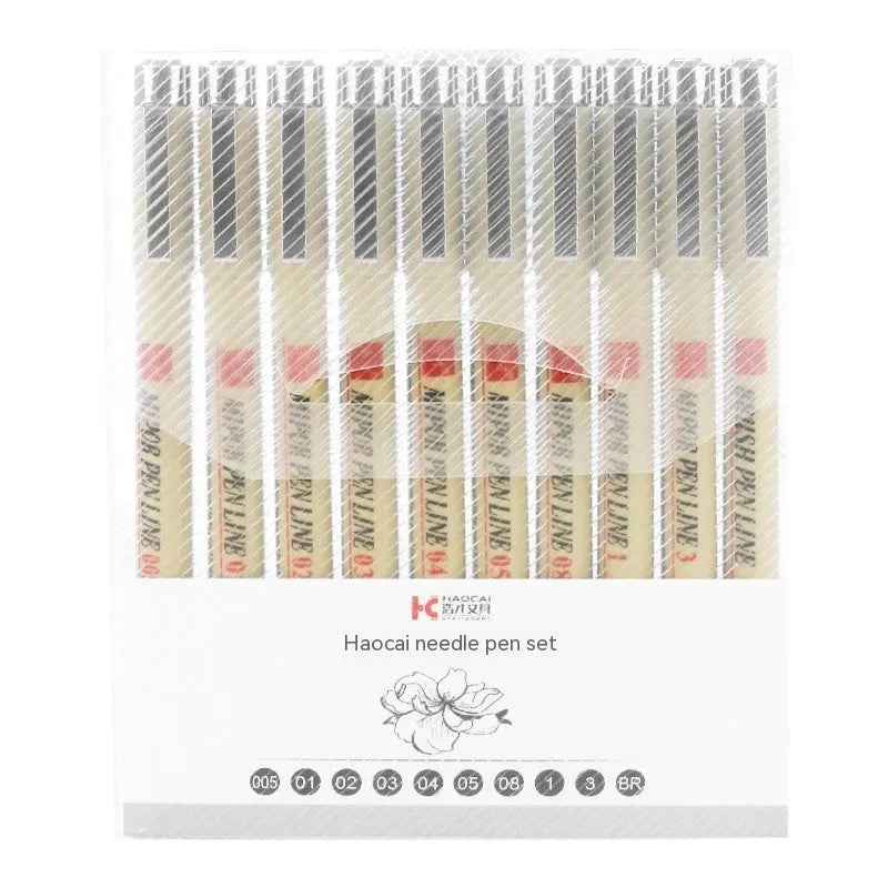 Student waterproof needle pen hook line pen suit 12-piece black drawing set in PVC packaging