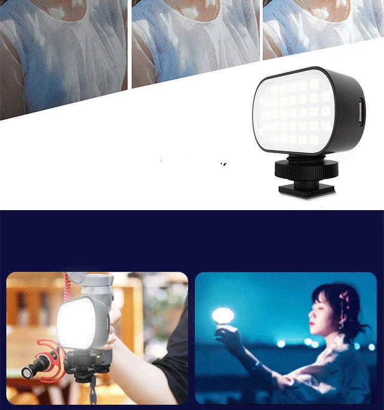 Black aluminium alloy mobile phone fill light with digital display, shown with six colour filters and a silicone diffuser.