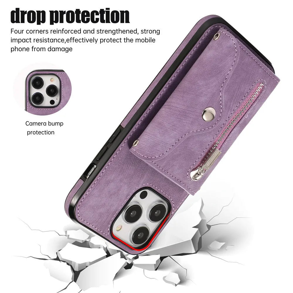 Blue phone case protective sleeve crossbody with magnetic closure, bracket stand, and card slot for iPhone models