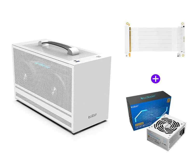 Hummingbird portable ITX desktop computer case in titanium grey or white colour.