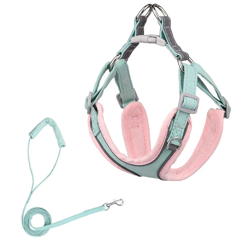 Adjustable suede dog harness and leash set in blue yellow colour for small to large dogs
