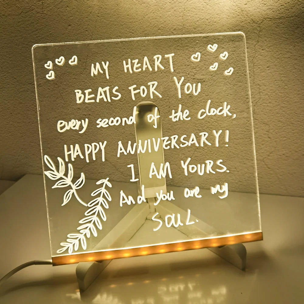 Acrylic DIY Note Board LED Night Light with USB power and colourful pens