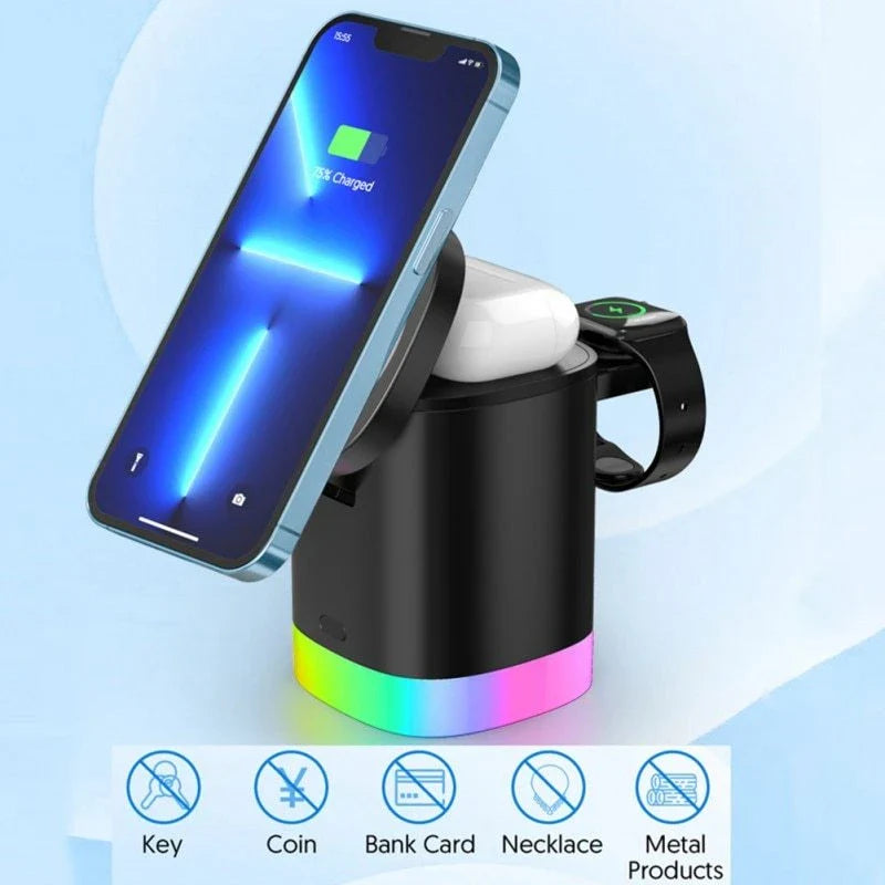 3-in-1 wireless fast charger with magnetic docking and smart breathing light indicator for smartphones, AirPods, and Apple Watch