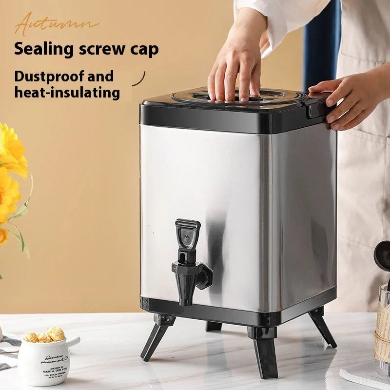 Silver stainless steel milk tea bucket with square-lock lid showing 8L capacity for commercial beverage service